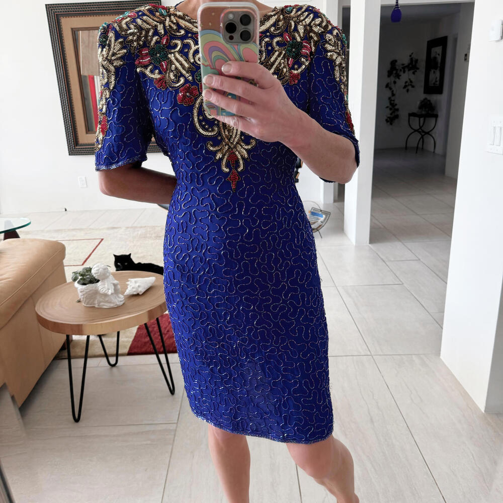 Vintage 80's Cocktail Dress Beads Embellished Blue Cocktail Dress